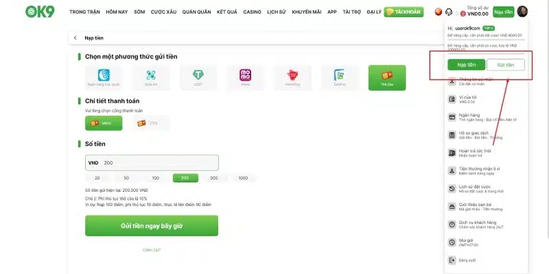 Các phương thức rút tiền OK9 hiệu quả